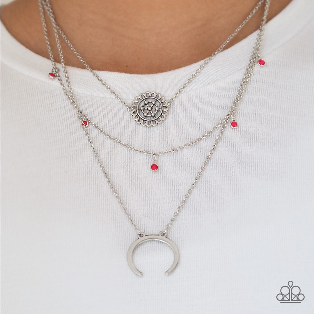 Three Tiered necklace with Moon and pink stones